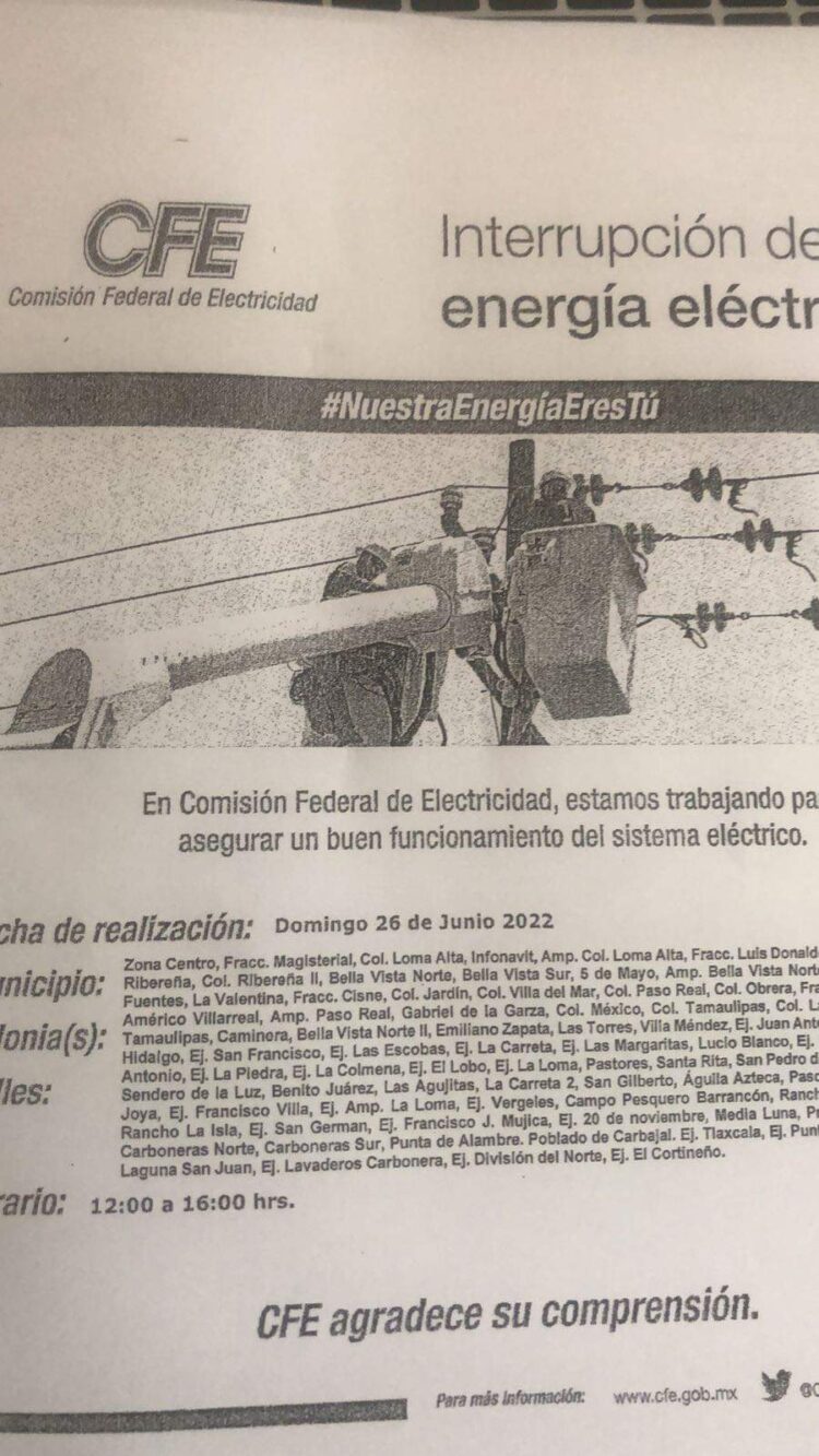 Sábado y domingo CFE suspenderá servicio por mantenimiento… ¡prepárese!
