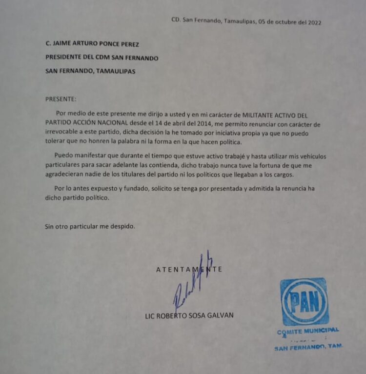 Más renuncias en el PAN de San Fernando; ahora se fue el Lic. Roberto Sosa Galván