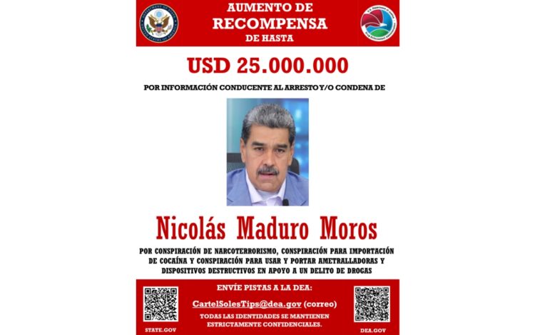 Ofrece Gobierno de EUA recompensa de 25 millones de dólares por la captura de Nicolás Maduro